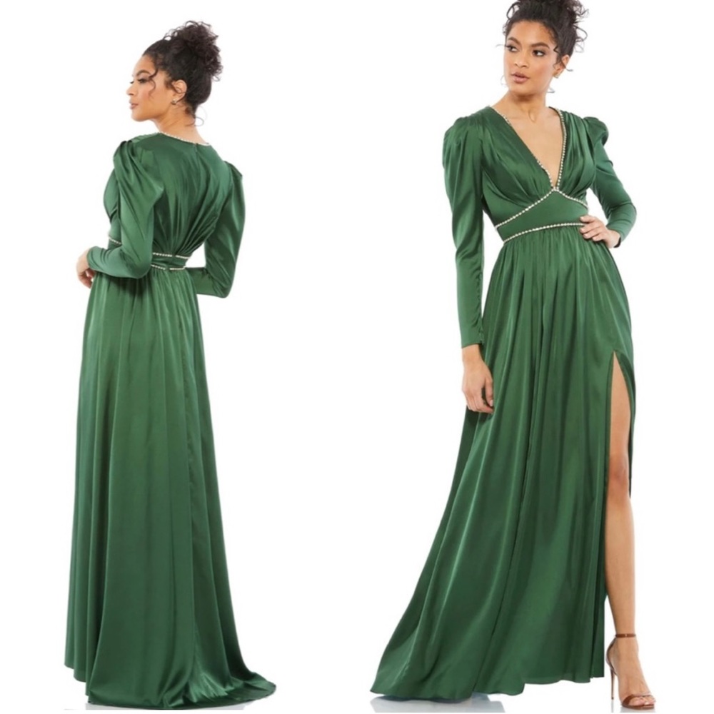 Ieena for Mac Duggal Satin Puff Shoulder Rhinestone Encrusted Gown